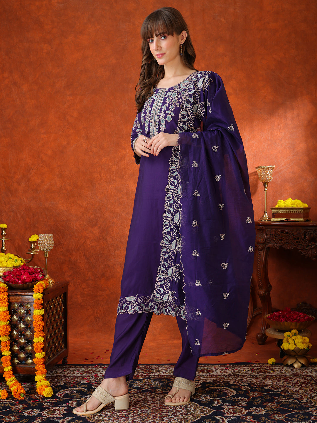 Hand Embroidered Kurta With Pant & Embroidered Dupatta, Purple - Hiral Fashion