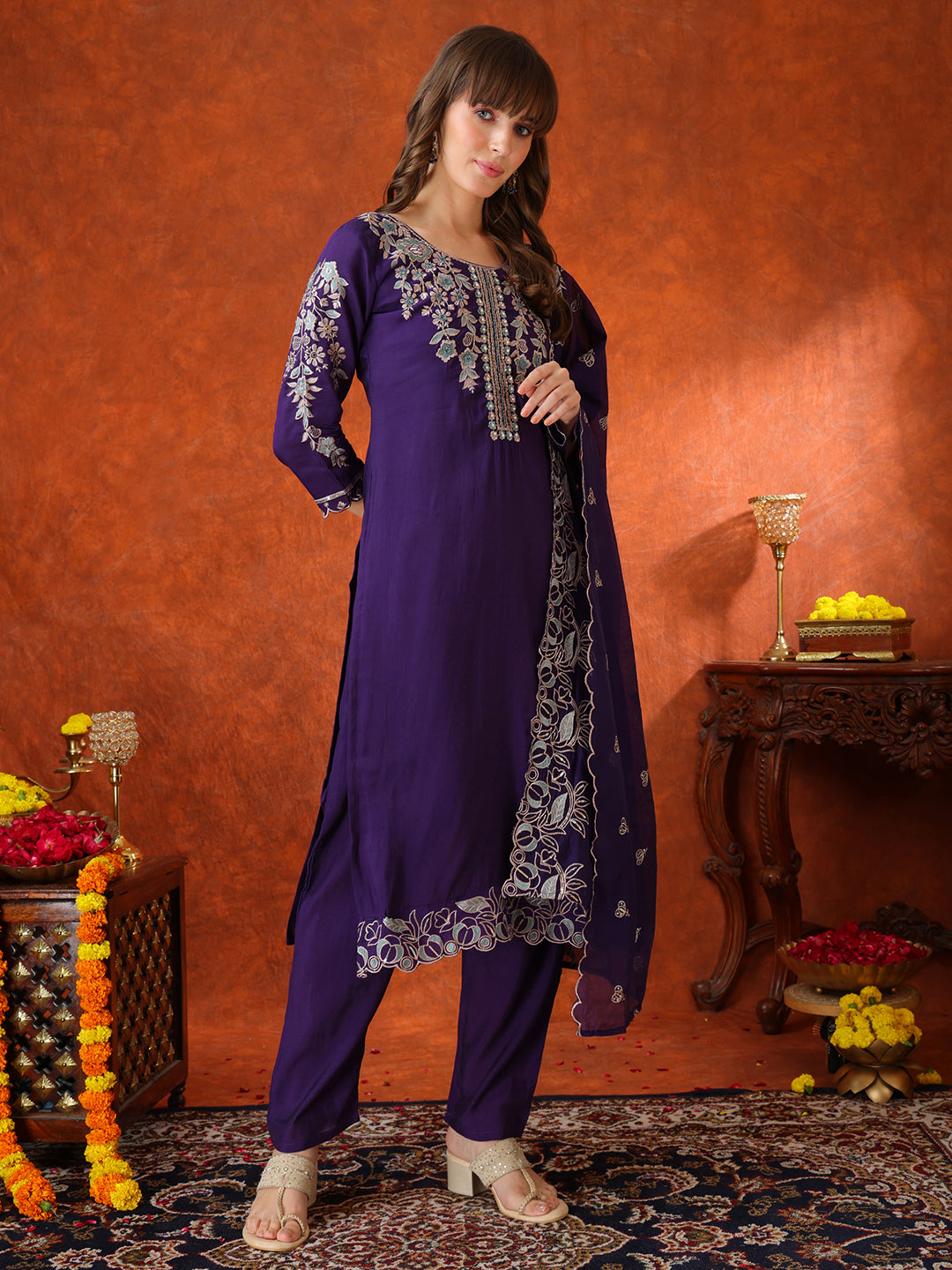 Hand Embroidered Kurta With Pant & Embroidered Dupatta, Purple - Hiral Fashion