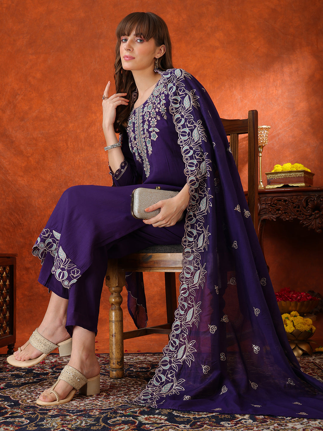 Hand Embroidered Kurta With Pant & Embroidered Dupatta, Purple - Hiral Fashion