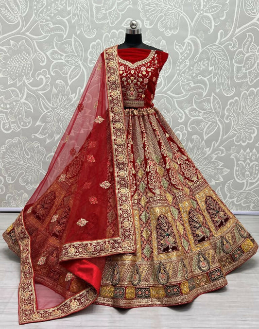 Jyoti Fashion Women's Red Velvet Fancy Dori, Zari with Multi Thread Embroidered Wedding Lehenga Choli | Swadesiicart