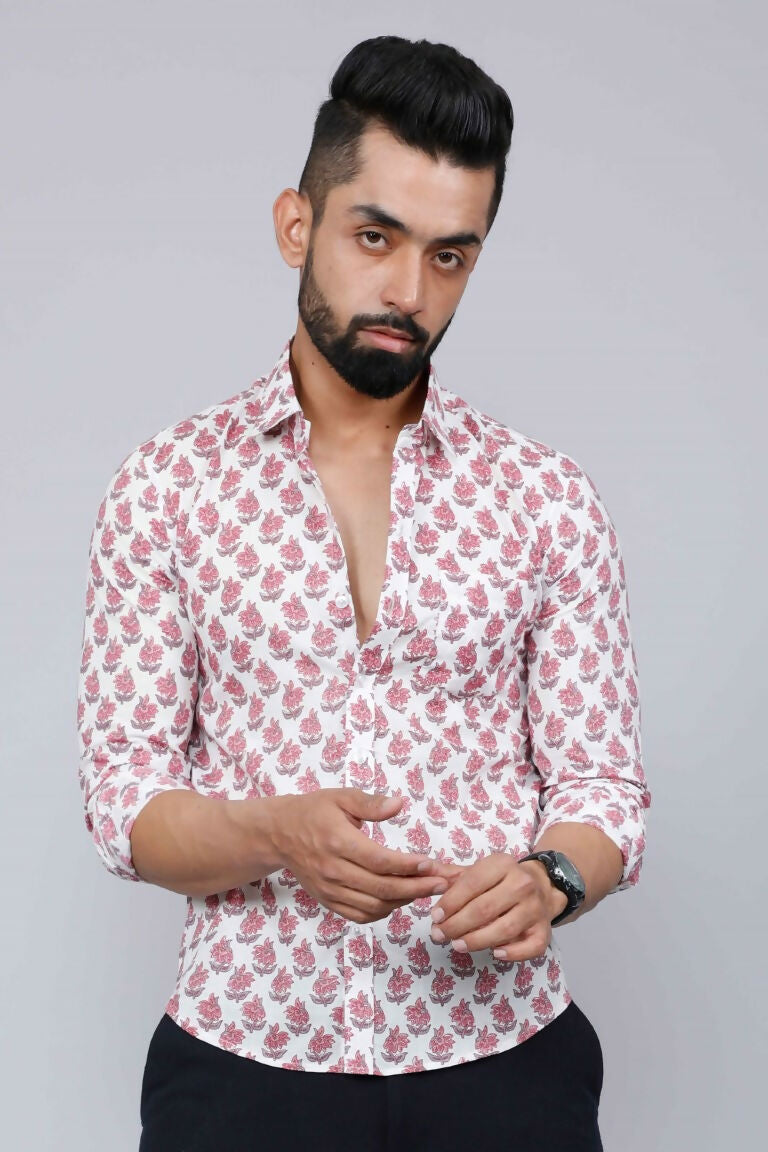 Miravan Men's White & Pink Spread Collar Floral Print Shirt 