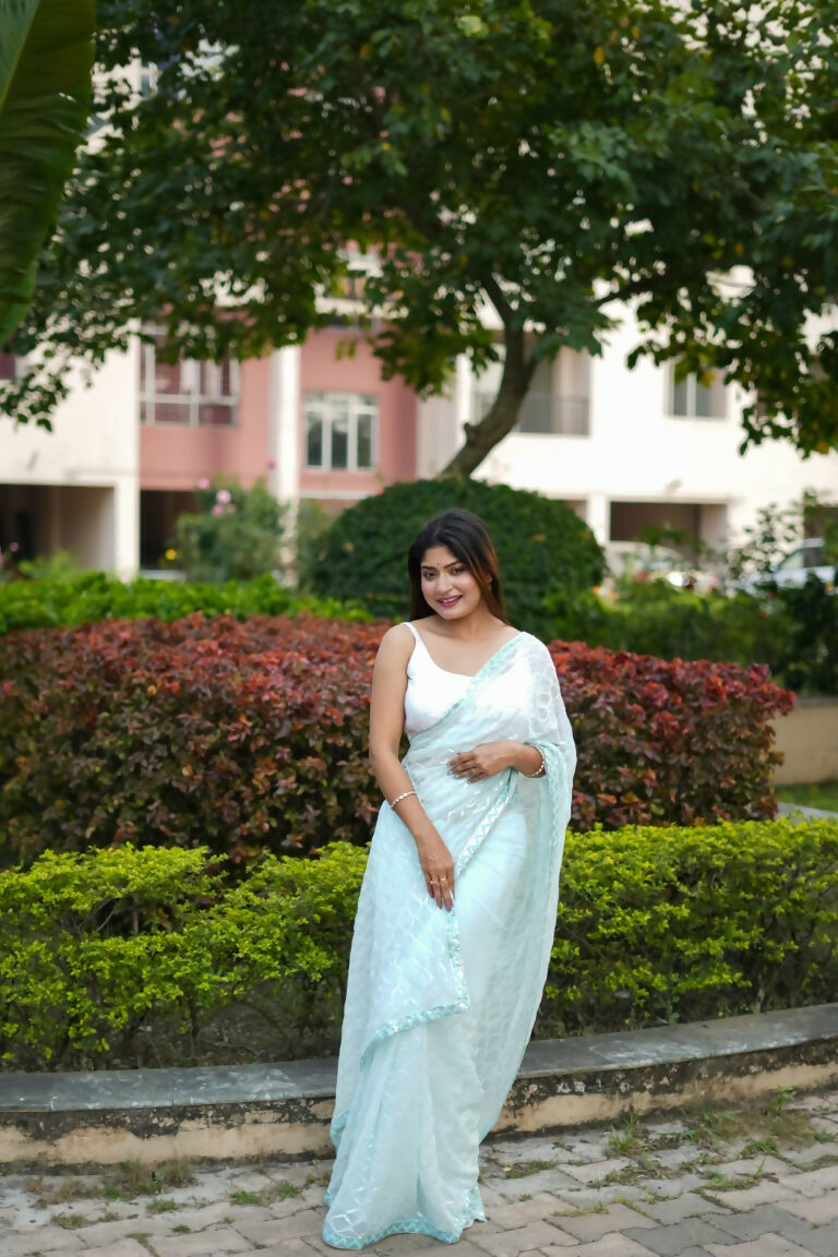 Light Blue Georgette Sequance Embroidery Work Saree with Unstitched Blouse - Vandini