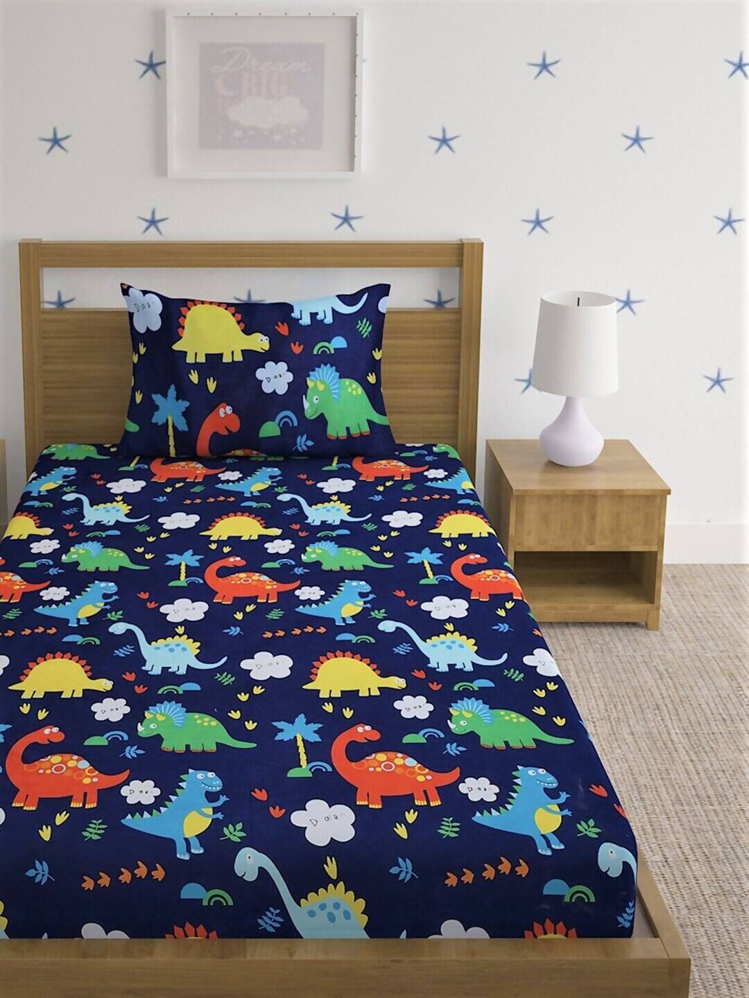 Home Sizzler Blue & Yellow Printed 210 TC Bedsheet with Pillow Covers 