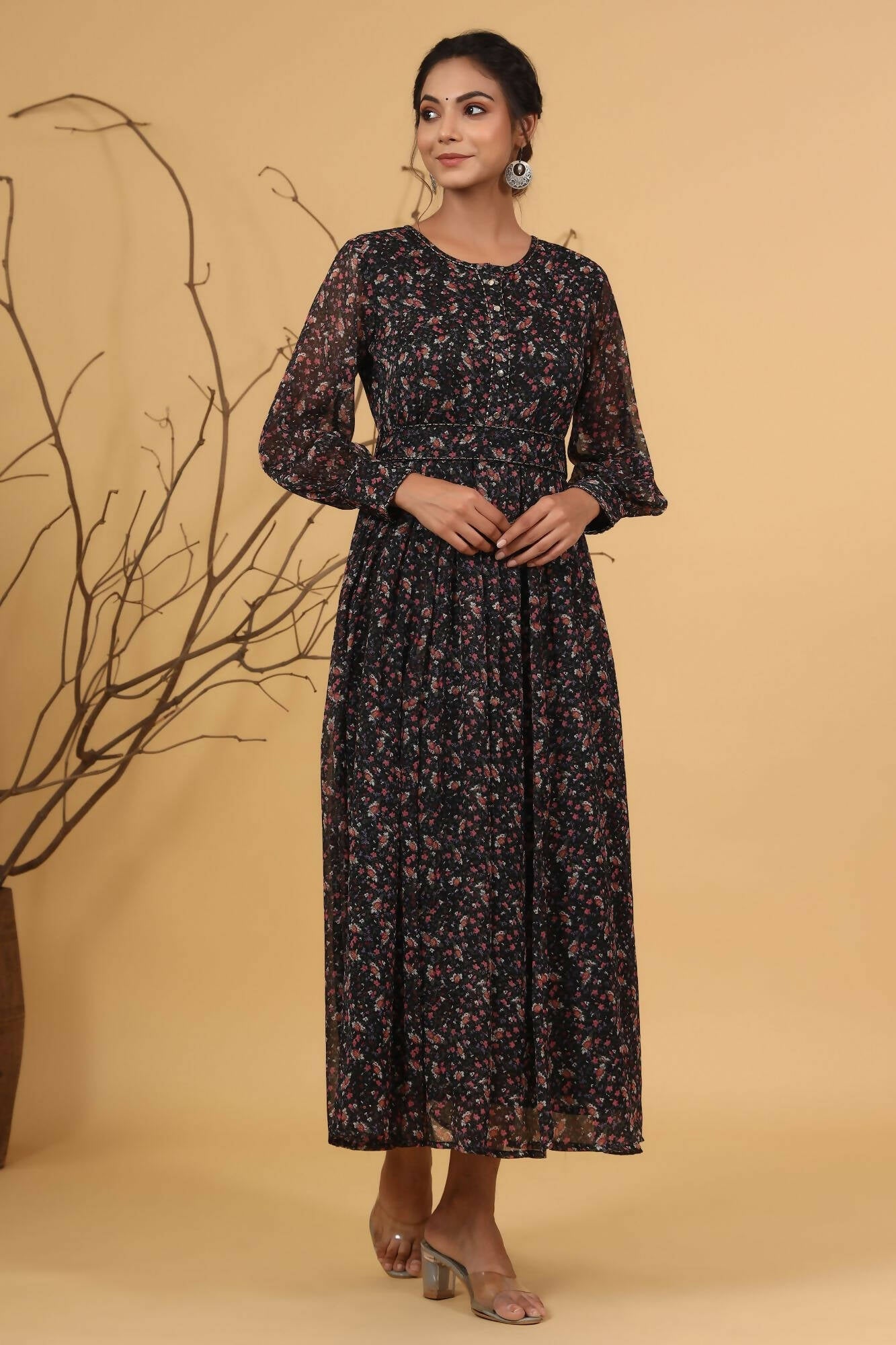 Juniper Women Navy Chiffon Printed Flared Dress