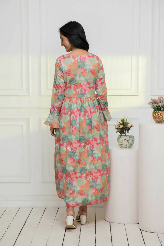 Myshka Women Multi Floral Rayon A-Line Round Neck Dress