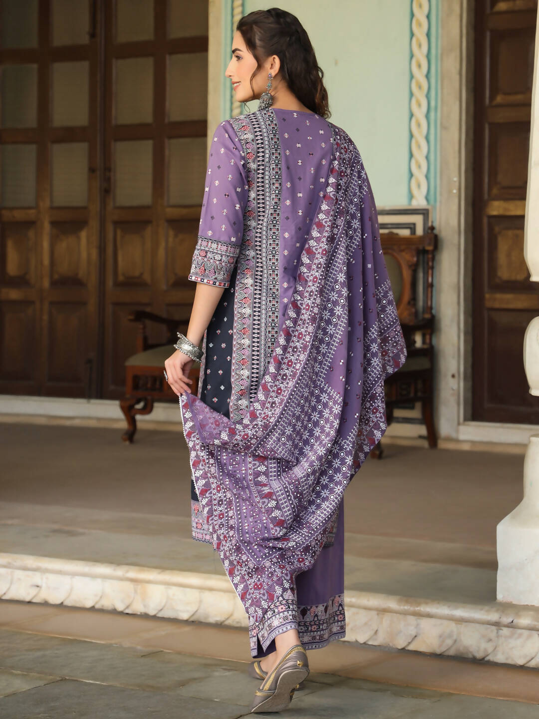 Juniper Women's Lavender Cambric Geometric Printed Mix And Match Kurta Palazzo And Dupatta Set