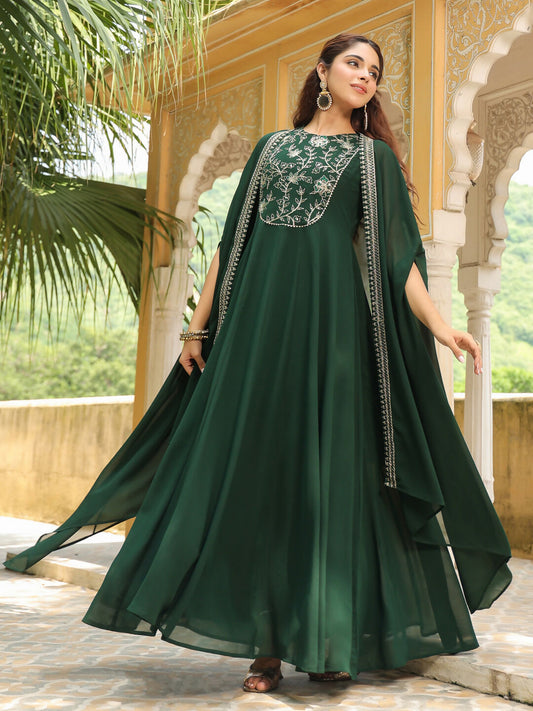 Janasya Dark Green Georgette Embroidered Dress & Jacket 