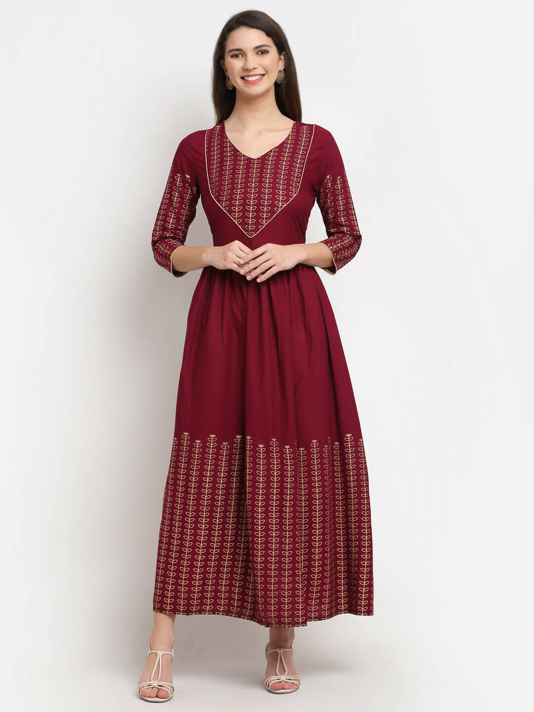 Rudra bazaar Gold Printed A-line flared Maroon Kurti