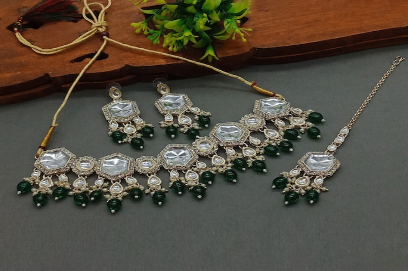Jewel City Elegant Kundan-Style Green and White Necklace, Earrings, and Tikka Set | Grab2Buy