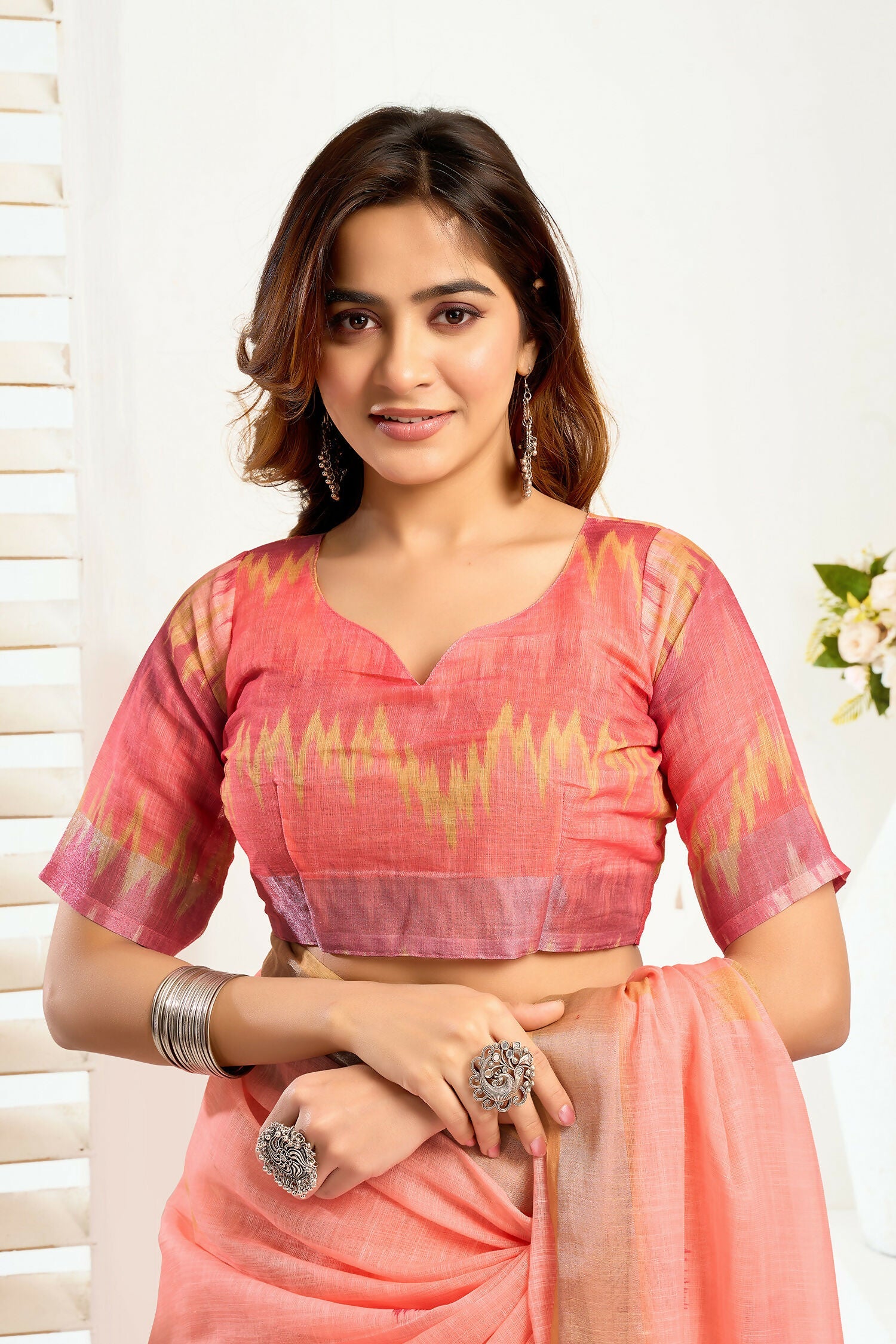 Joban Fashion Peach Ikkat Linen Ready To Wear Saree With Unstitched Blouse