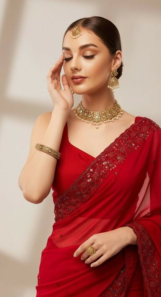 Joban Fashion Red Fandy Satin Silk Party Wear Sarees