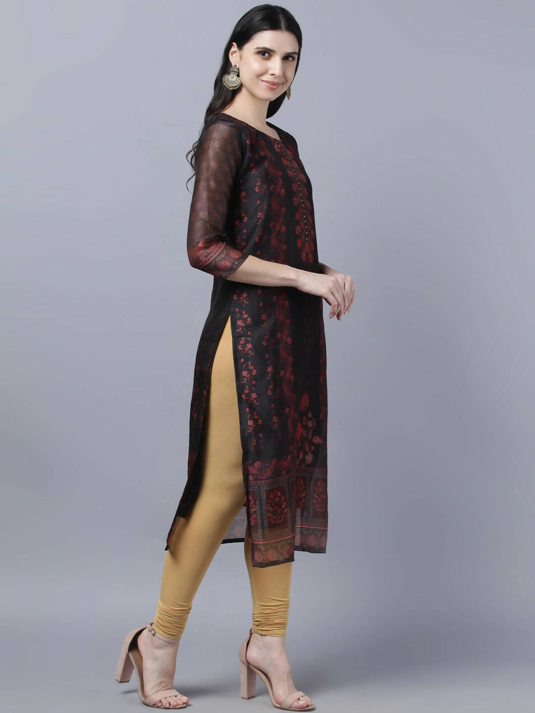 Myshka Women Black Red Floral Printed Chanderi Silk Kurta