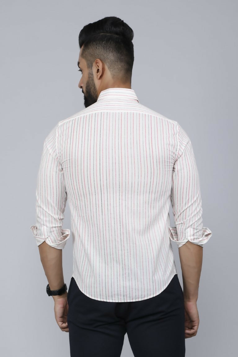 Miravan Men's White Spread Collar Striped Print Casual Shirt 
