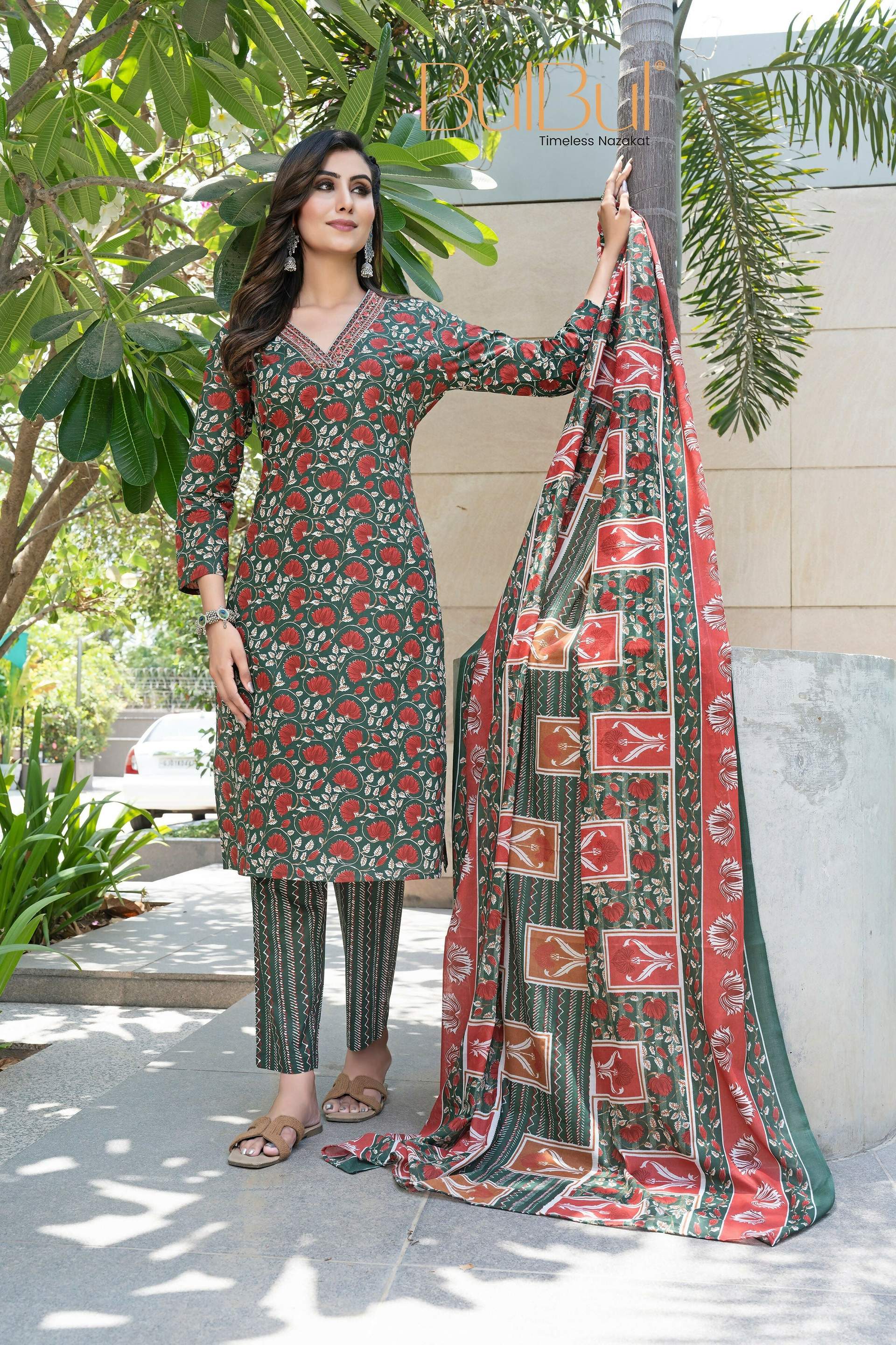 BulBul Fashionista Green Cotton Kurta Set with Dupatta 