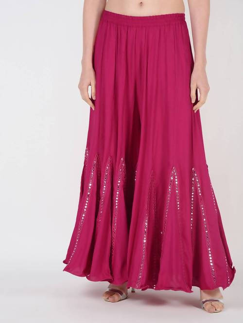 Mominos Fashion Magenta Viscose Rayon Flared Palazzo with Mirror Lace Work - Grab2buy