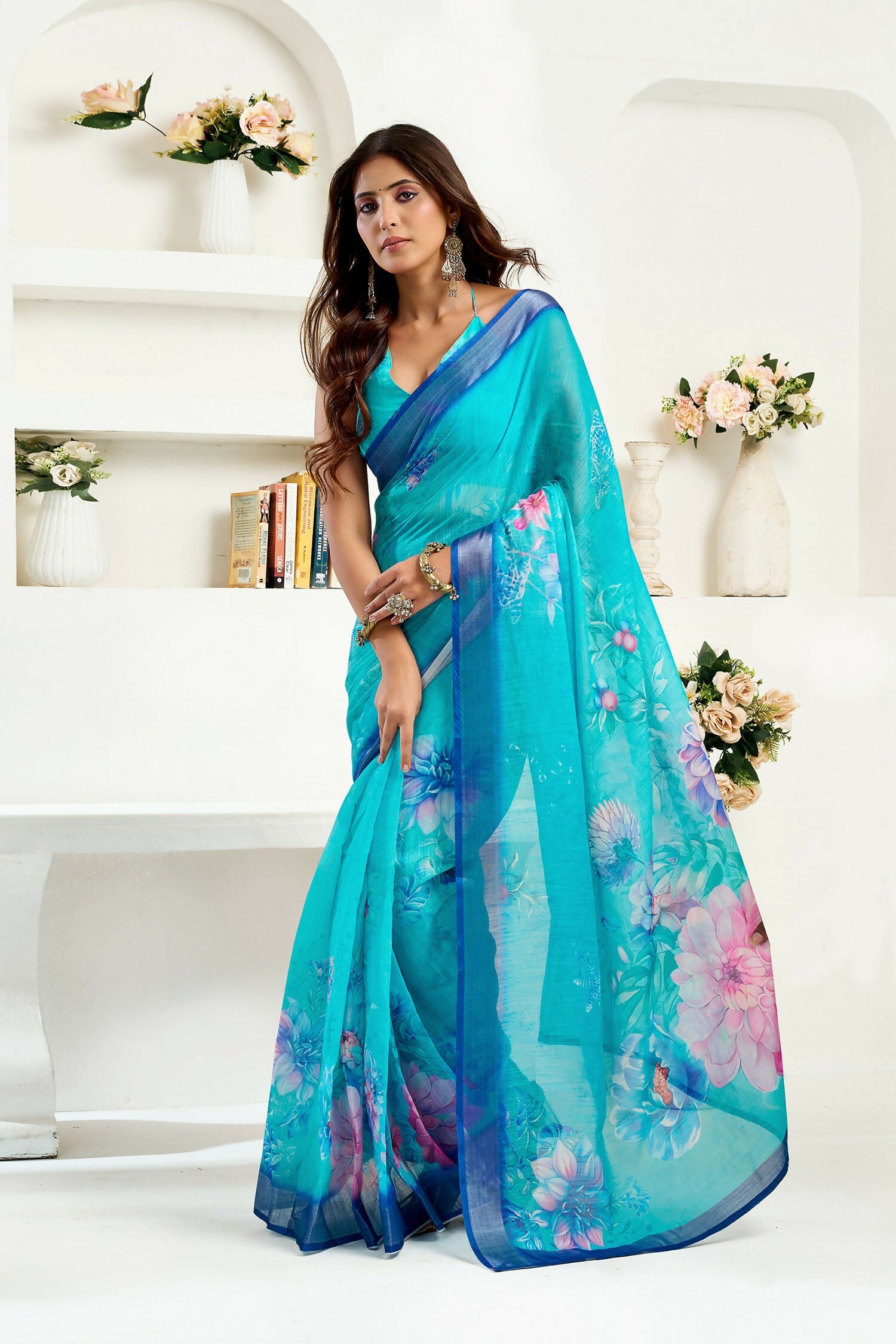 Joban Fashion Turquoise  Floral Linen Ready To Wear Saree With Unstitched Blouse