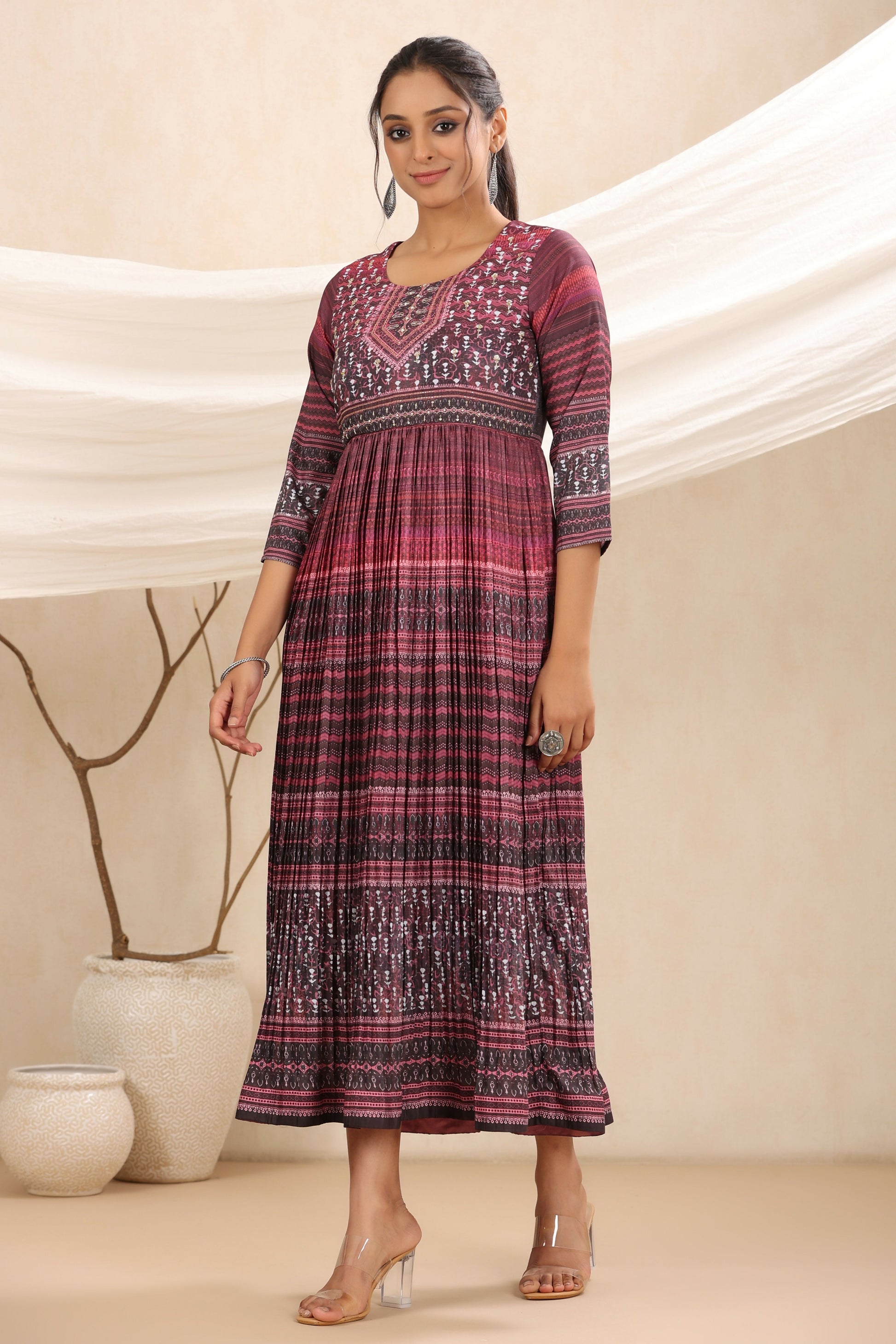 Juniper Purple muslin maxi dress with ethnic motif print with sequins & beads work