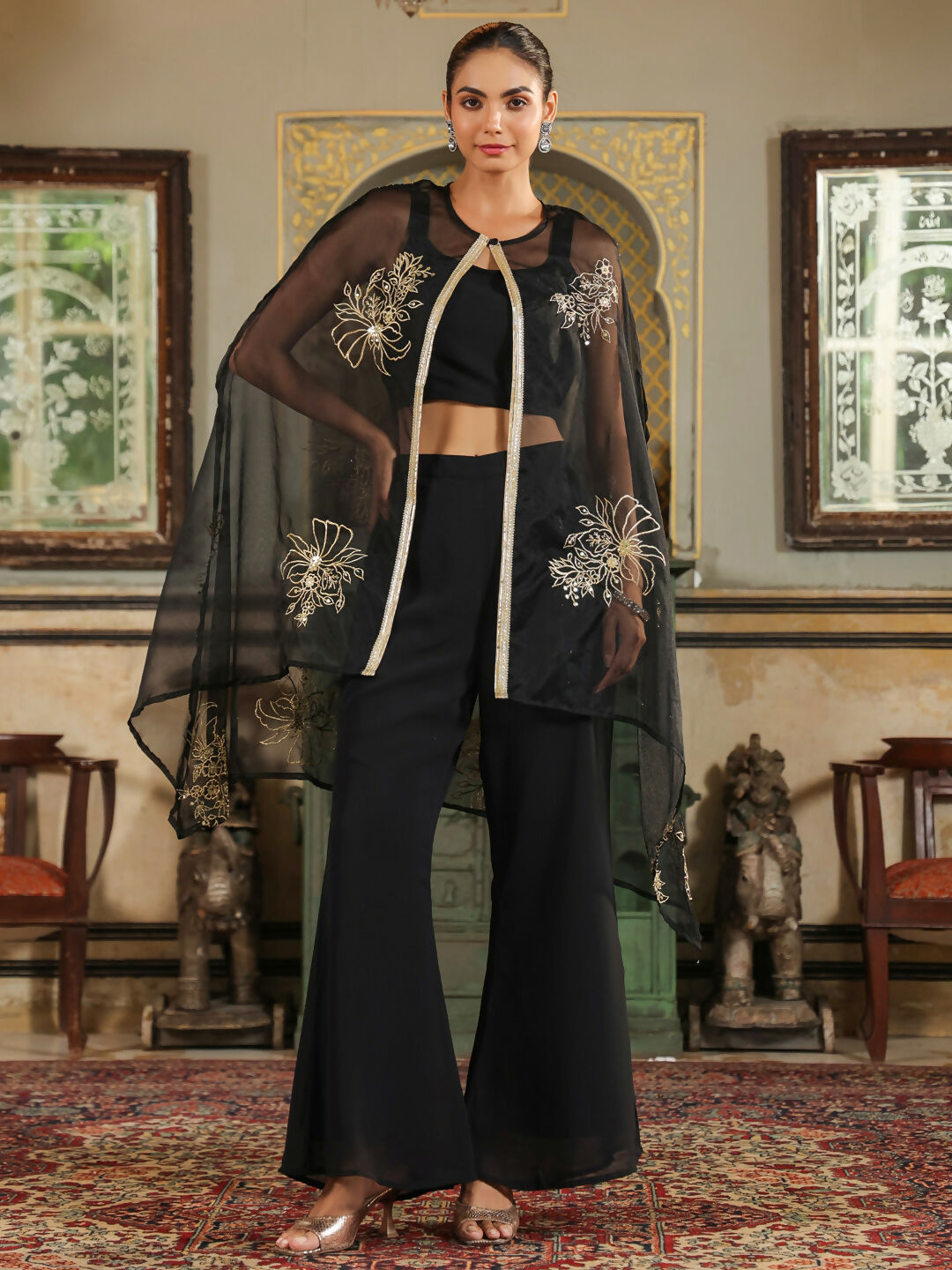 Janasya Black Georgette Solid Top Bottom Cape 