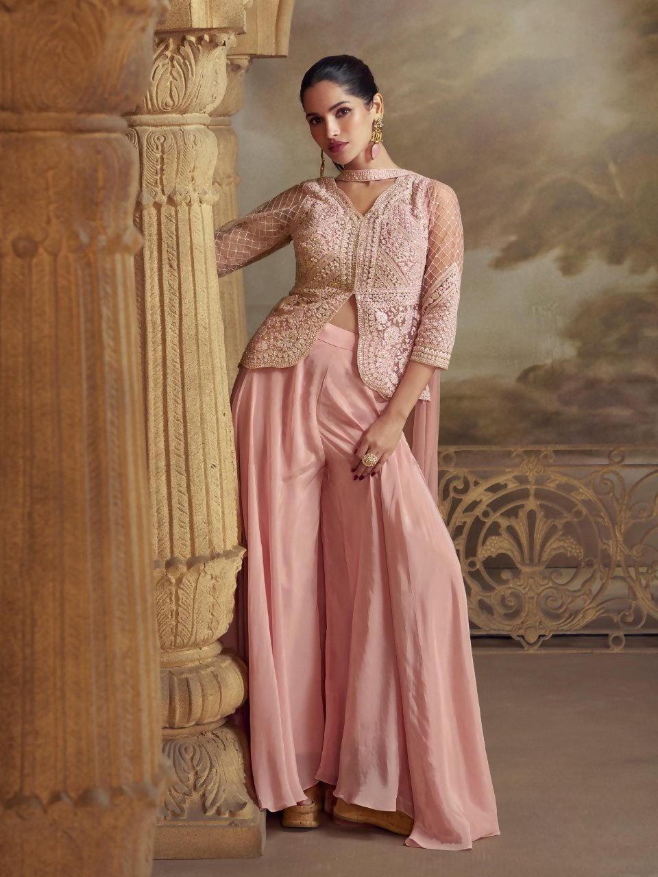 Anaita Baby Pink Georgette Readymade Suit with Embroidery Work