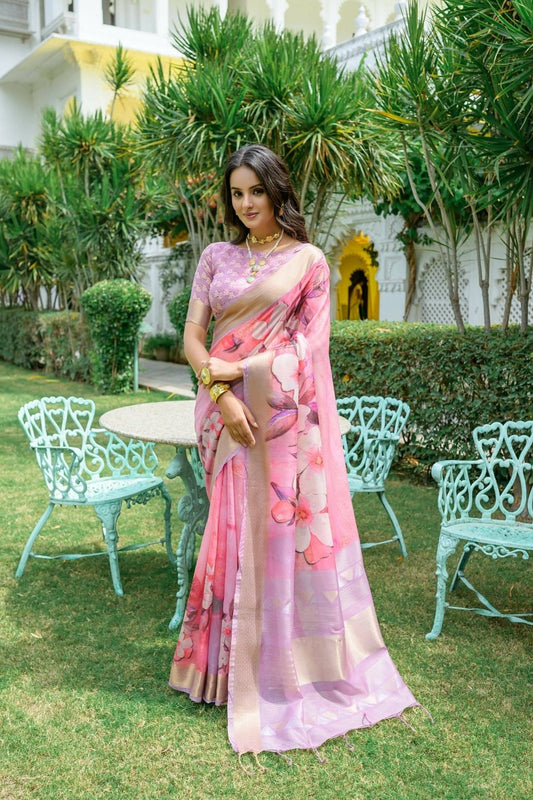 Aastha Fashion Pink Digital Printed Cotton Saree with Blouse - Grab2buy
