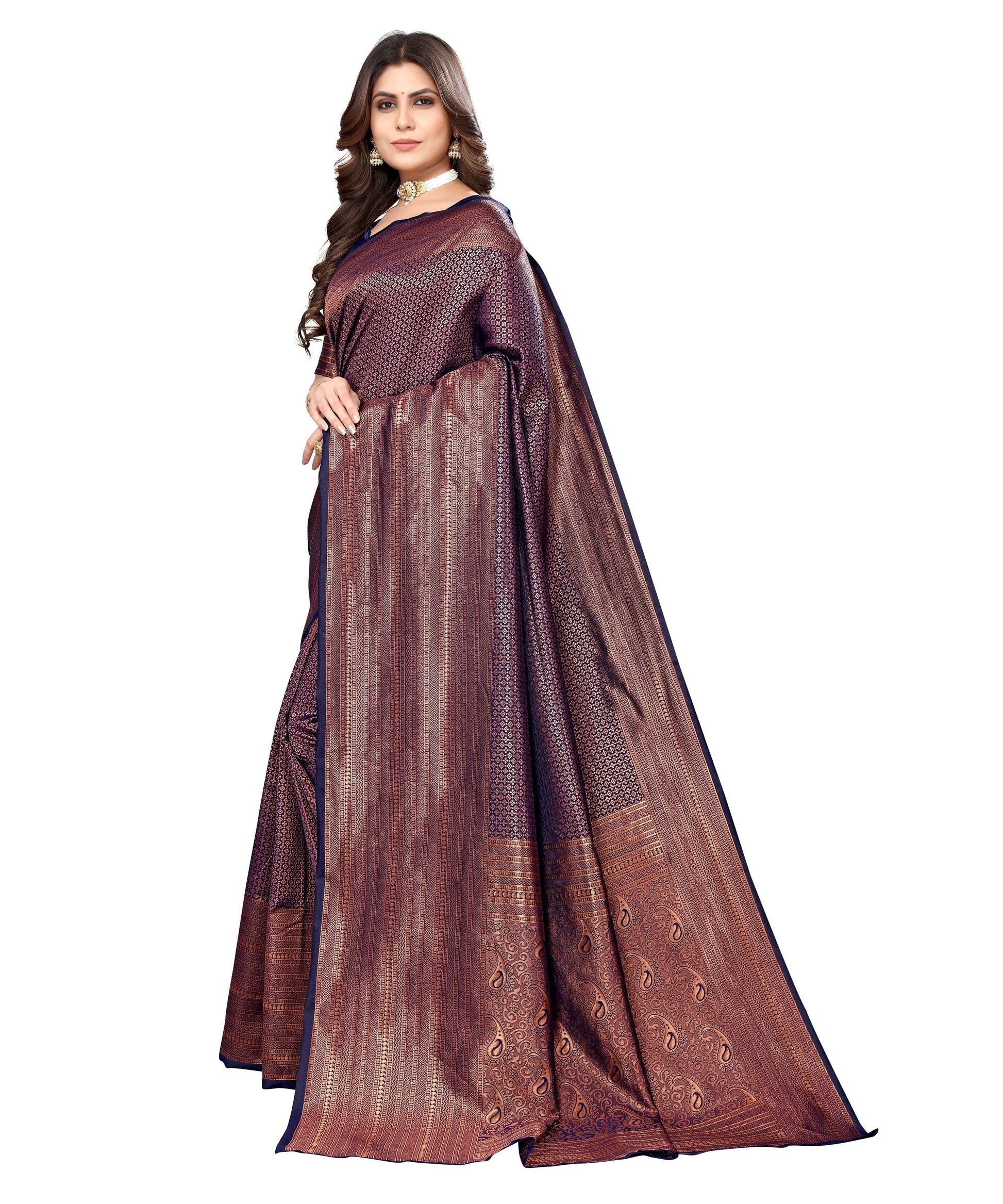 Vamika Weaving Banarasi Jacquard Navy Kanjivaram Saree | Swadesiicart