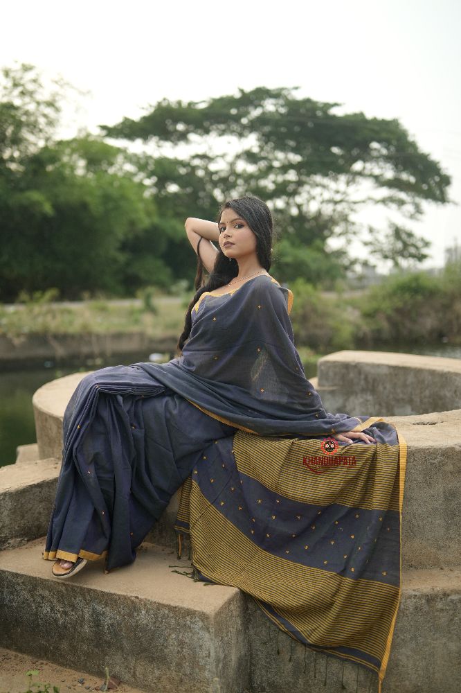khanduapata Grey and Mustard Yellow Dot Pattern Cotton Saree For Women