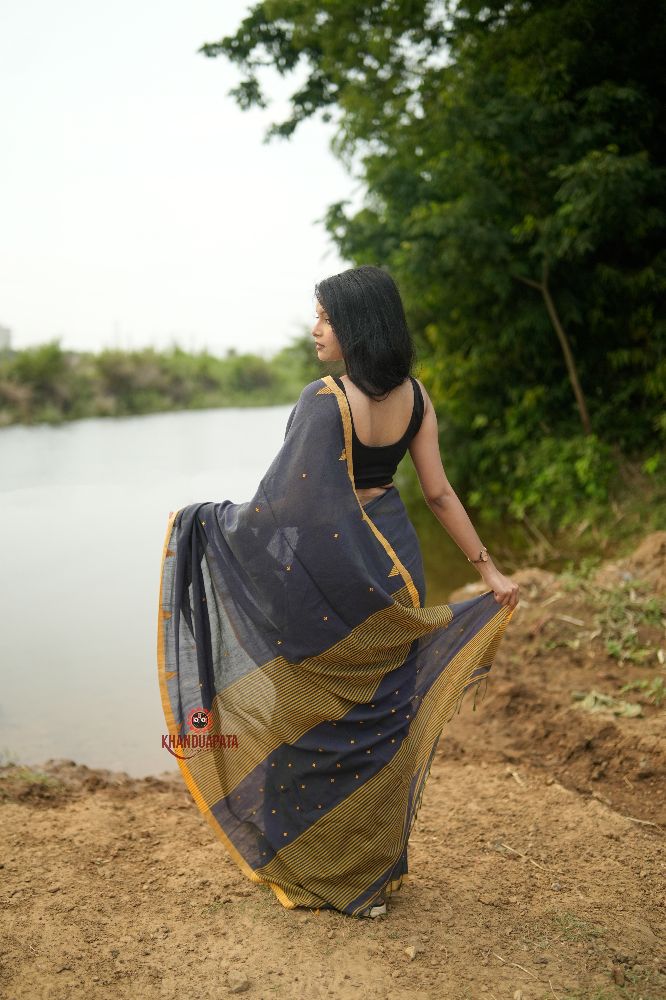 khanduapata Grey and Mustard Yellow Dot Pattern Cotton Saree For Women