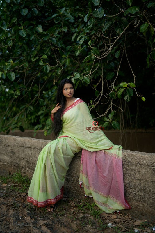 khanduapata Pink and Pastel Green Plain Cotton Saree For Women