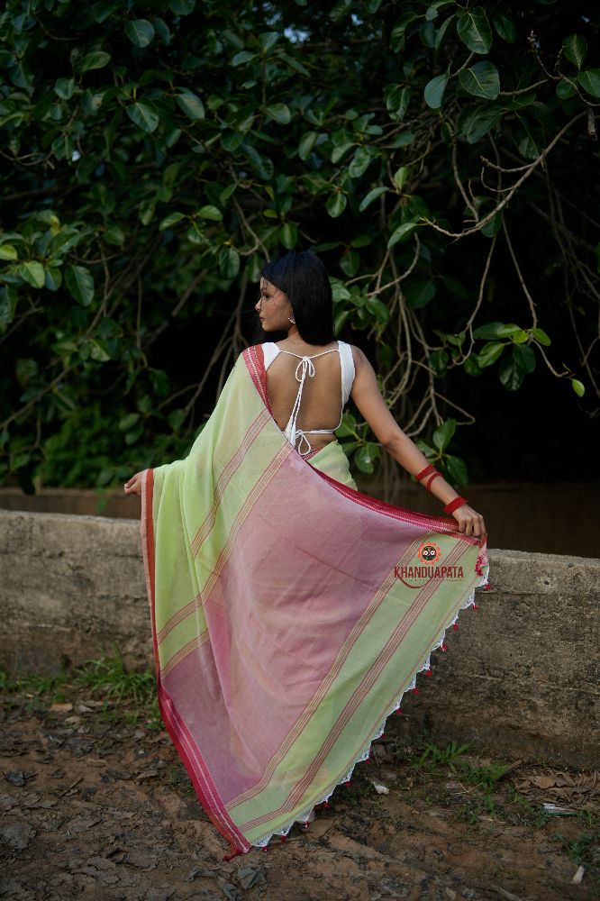 khanduapata Pink and Pastel Green Plain Cotton Saree For Women