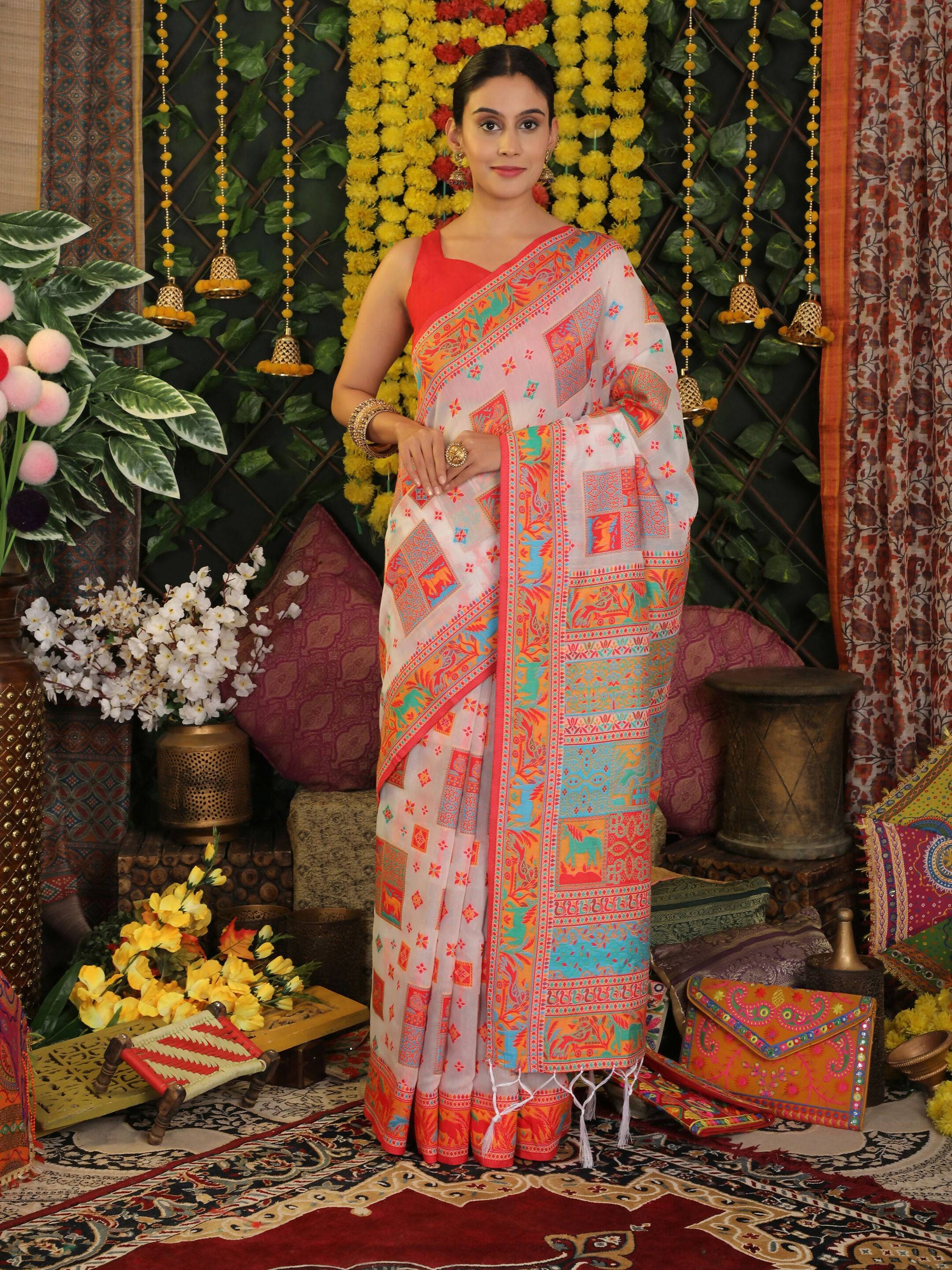 Shree Shyam Fashion Linen Cotton White Saree