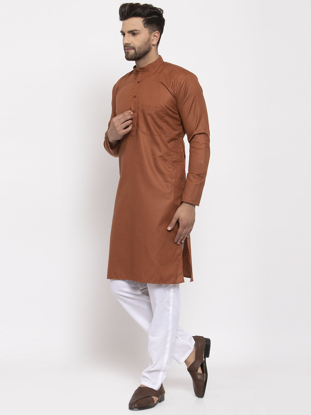 Jompers Men's Brown Cotton Solid Kurta Only