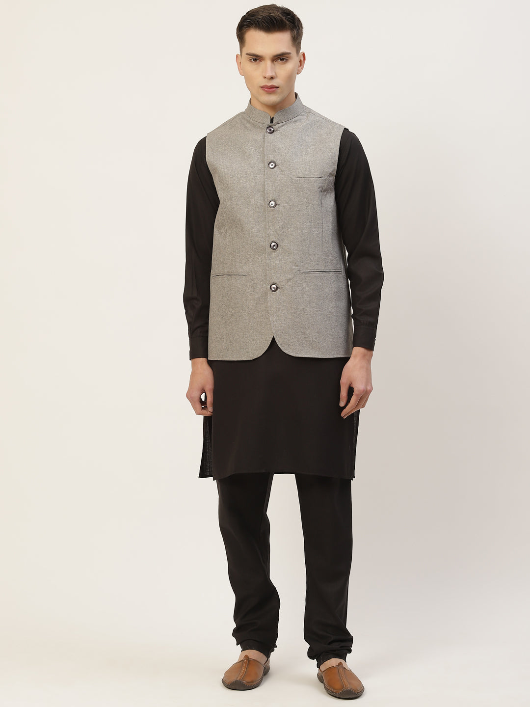 Jompers Men Grey Solid Nehru Jacket
