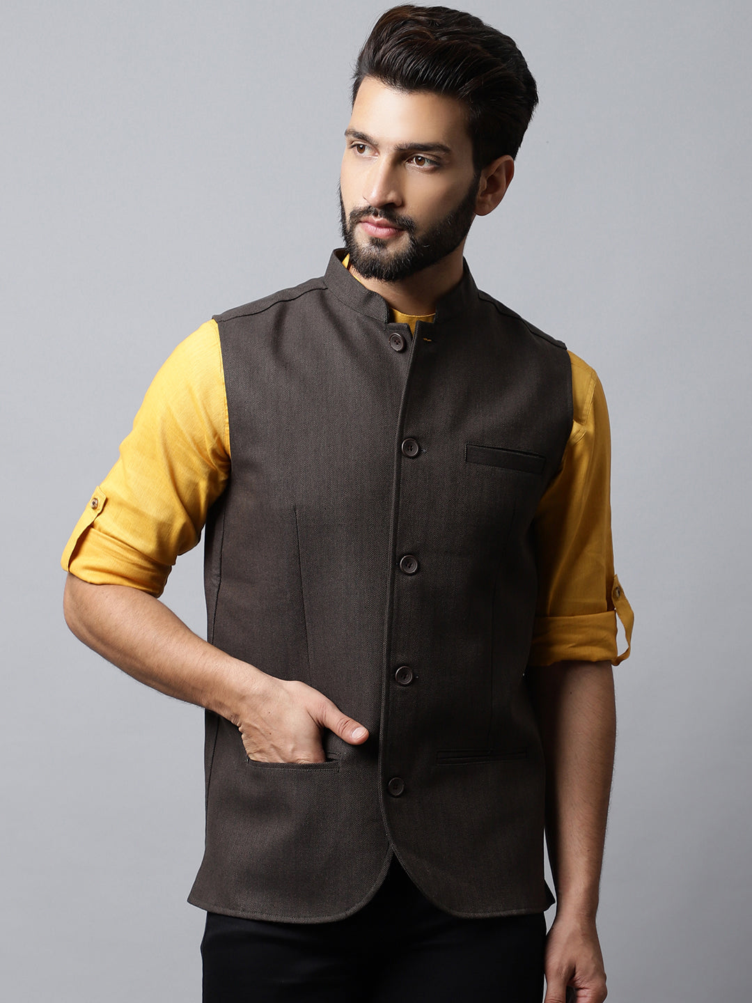 Even Apparels Men's Brown Nehru Jacket With Welt Pockets 