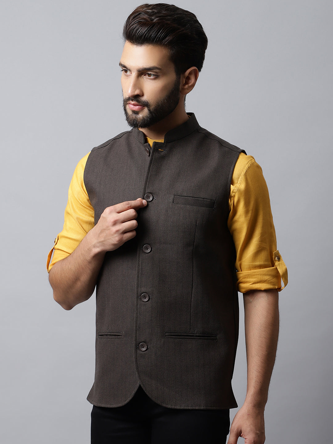 Even Apparels Men's Brown Nehru Jacket With Welt Pockets 