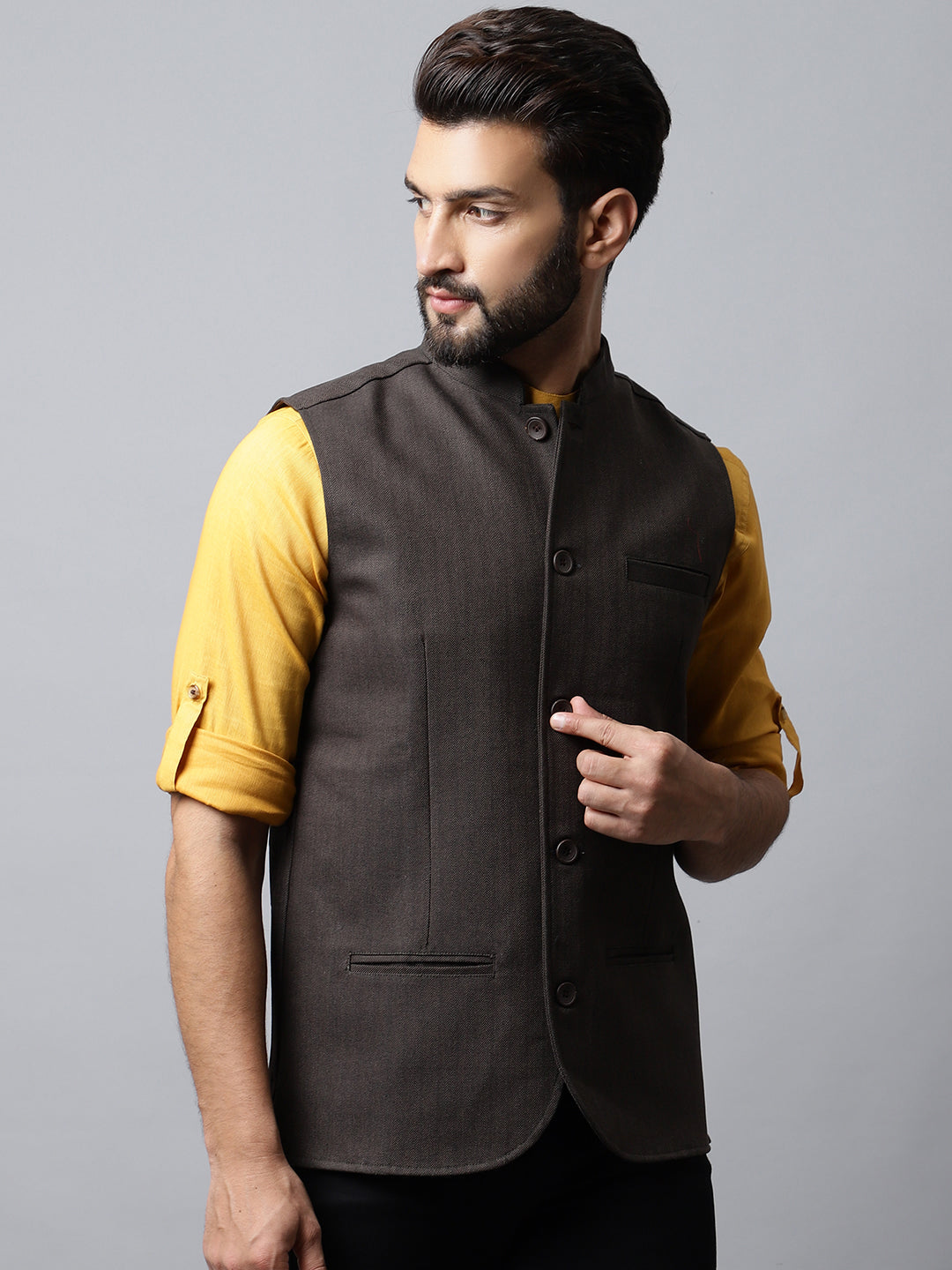 Even Apparels Men's Brown Nehru Jacket With Welt Pockets 