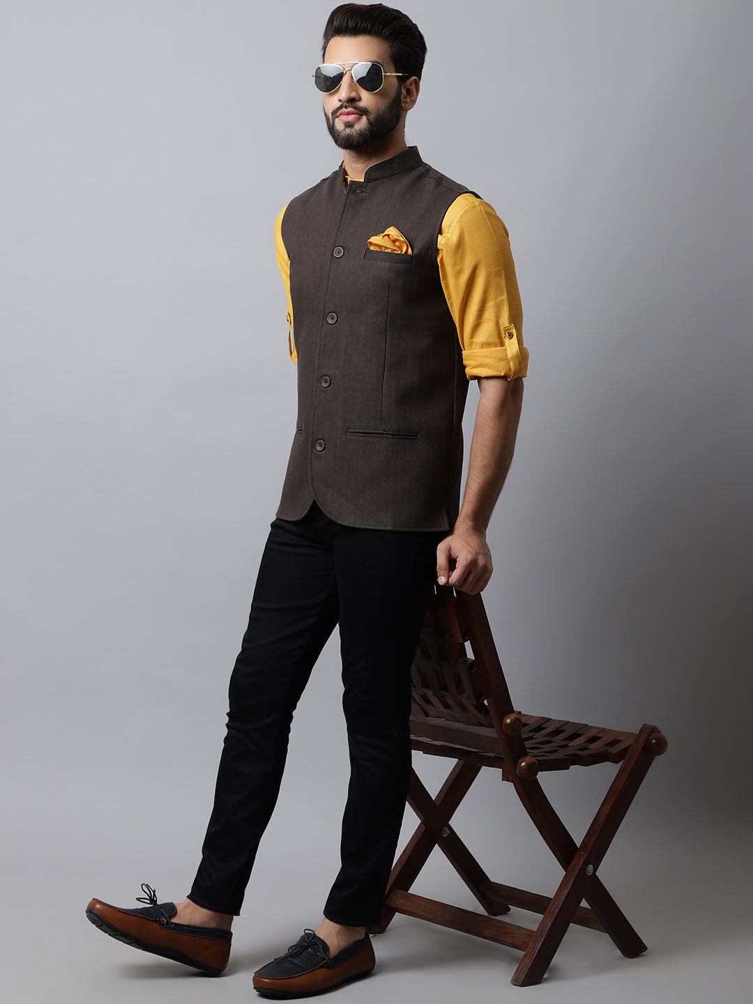 Even Apparels Men's Brown Nehru Jacket With Welt Pockets 