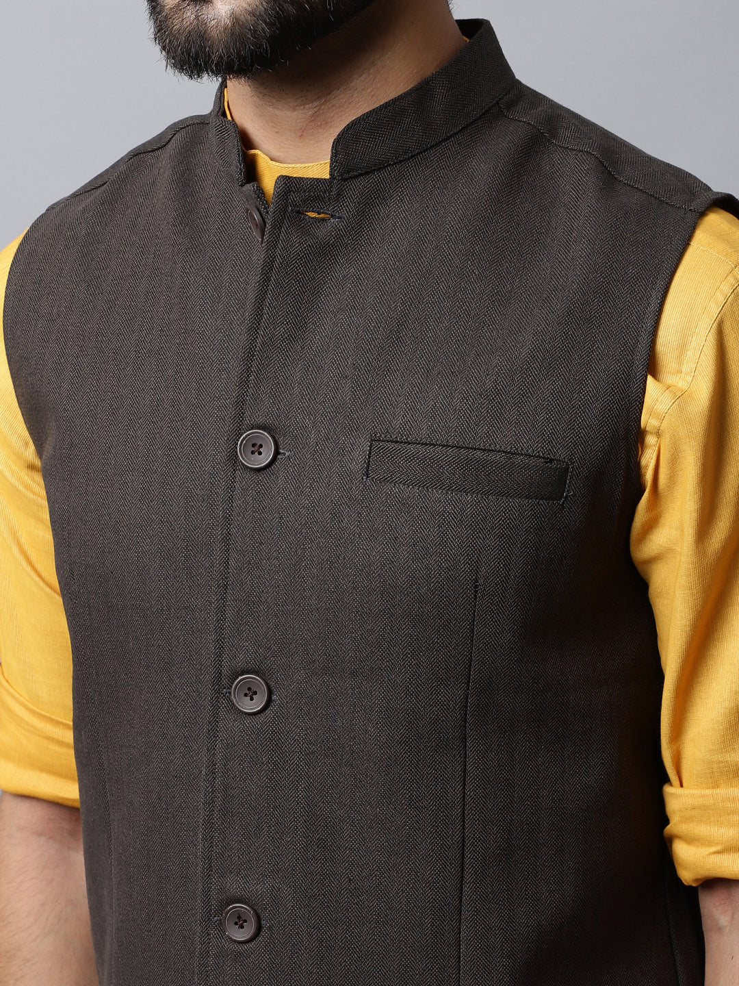 Even Apparels Men's Brown Nehru Jacket With Welt Pockets 