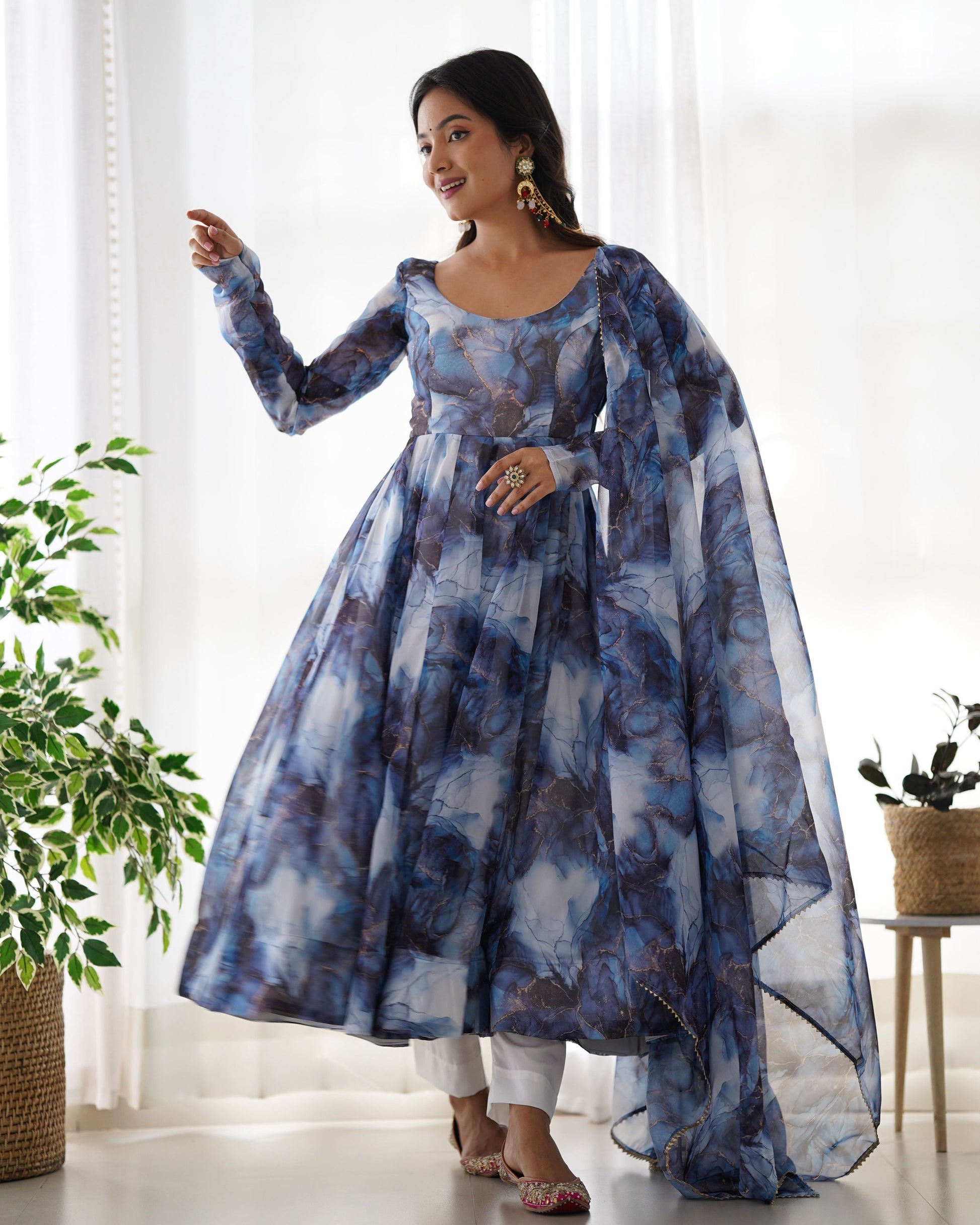 Lehenga Mart Navy Blue Organza Silk Designer Anarkali Suit Set