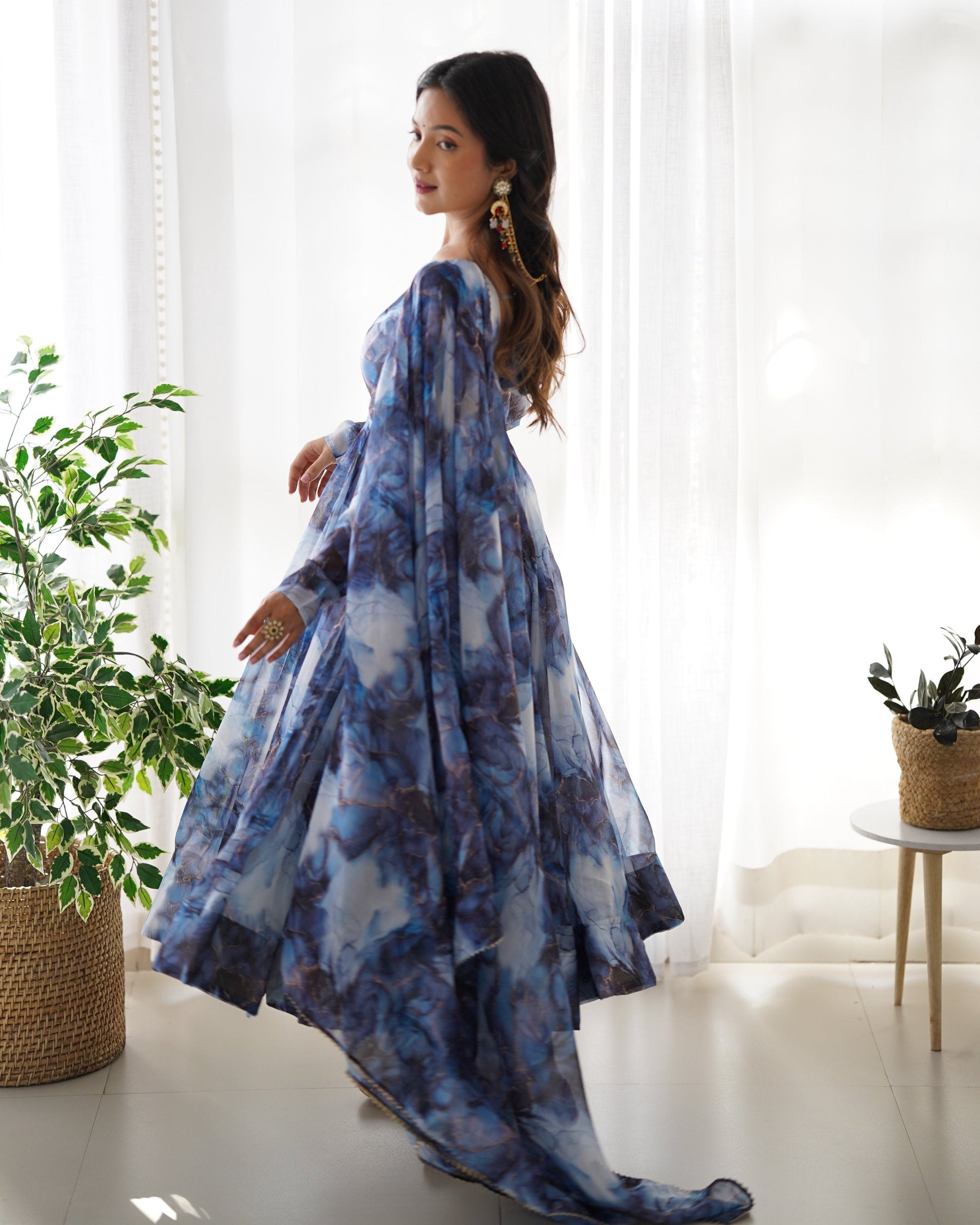 Lehenga Mart Navy Blue Organza Silk Designer Anarkali Suit Set