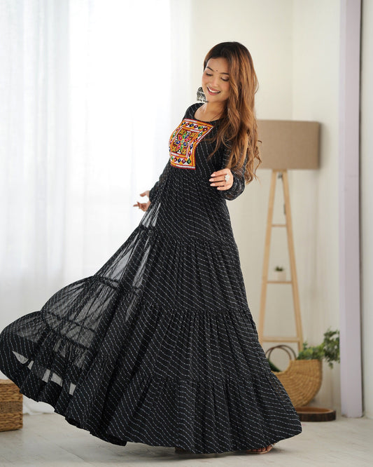 Lehenga Mart Black Faux Georgette Laheriya Print Fully Flair Anarkali Gown For Navratri