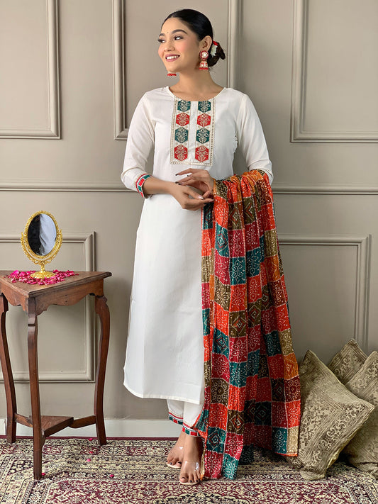 The52 White Embroidered Viscose Fabric Straight Kurta, Pant and Dupatta Set | Grab2Buy