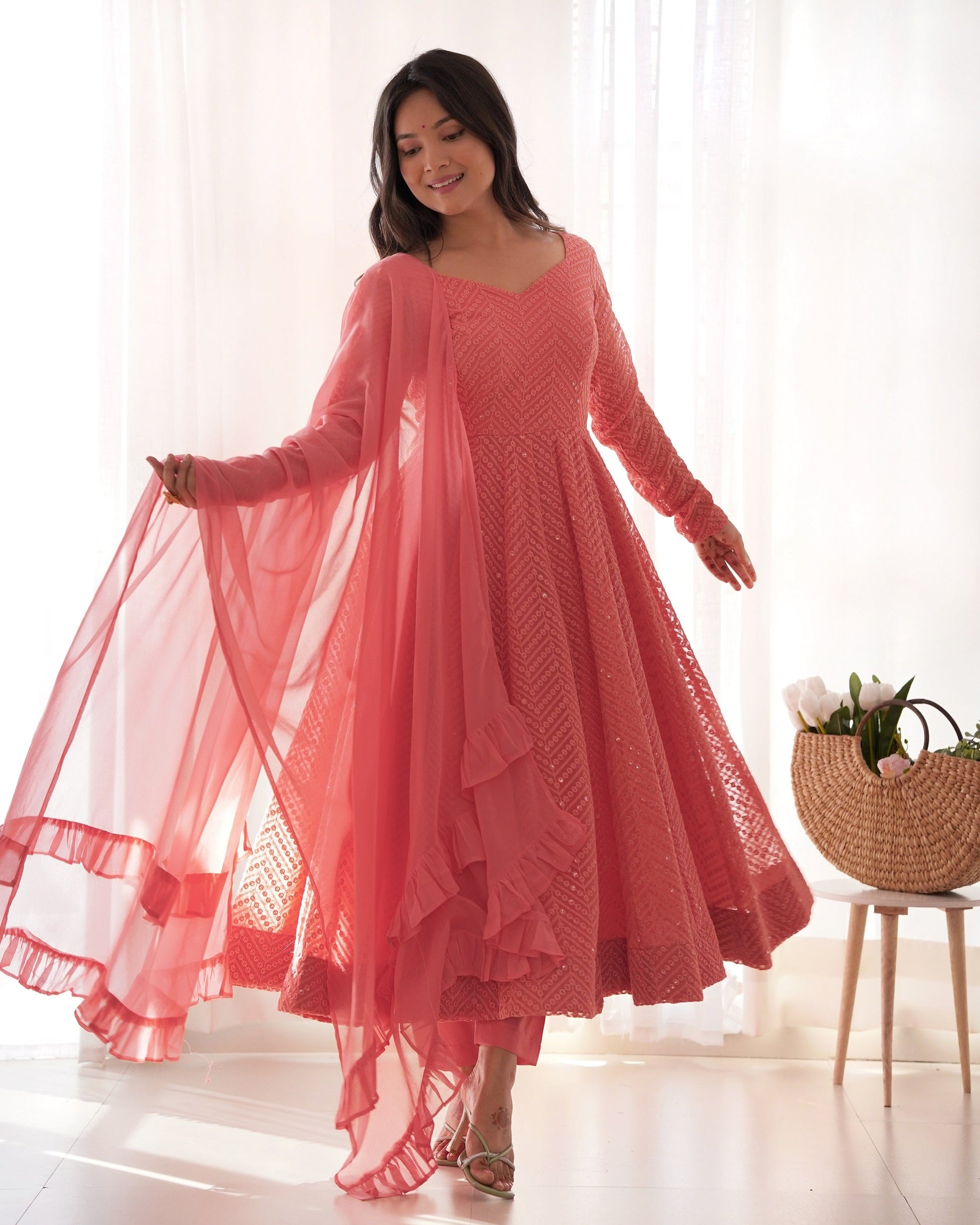 Lehenga Mart Peach Faux Georgette Classic Lukhnowi Georgette Fabric Anarkali Suit Set