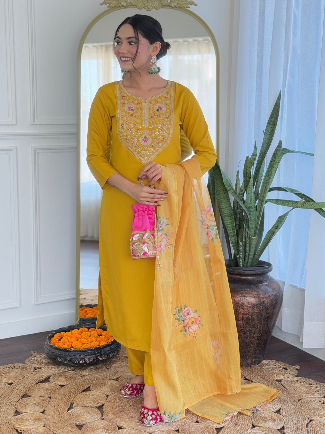 The52 Mustard Embroidered Rayon Fabric Straight Kurta, Pant and Dupatta Set | Grab2Buy