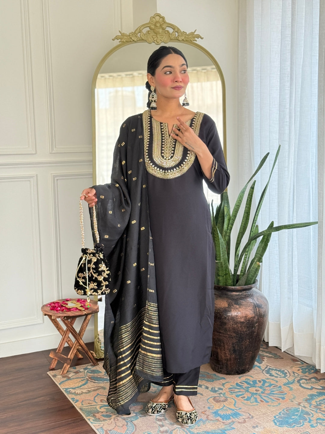 The52 Women's Black Embroidered Cotton Slub Fabric Straight Kurta, Pant and Dupatta Set | Grab2Buy