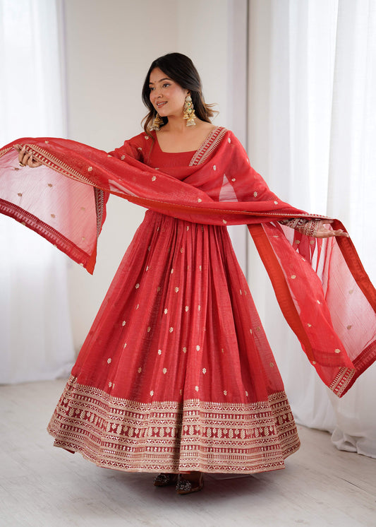 Lehenga Mart Designer Anarkali Suit Ready To Wear Kurta Pant With Dupatta For Women-Rust Orange