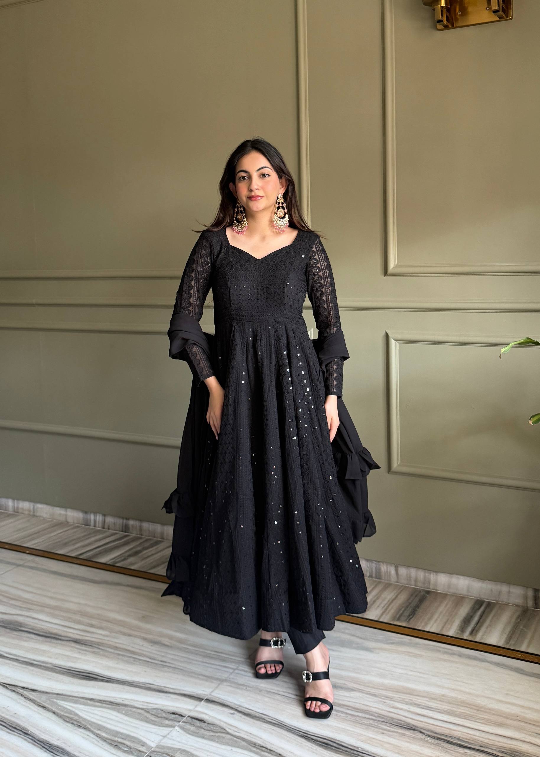 Lehenga Mart Designer Anarkali Suit With Kurta Pant Dupatta For Women-Black