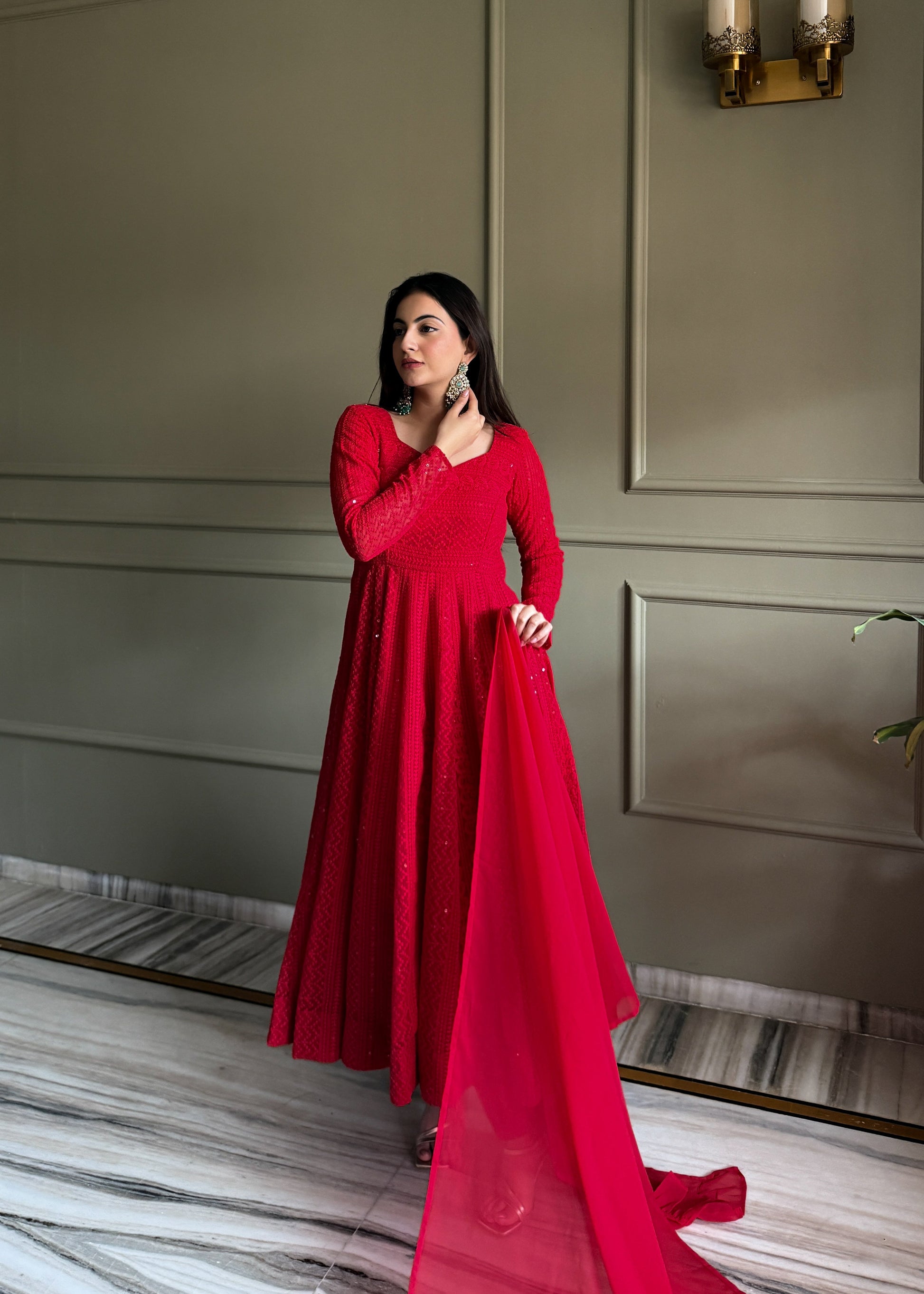 Lehenga Mart Designer Anarkali Suit With Kurta Pant Dupatta For Women-Red