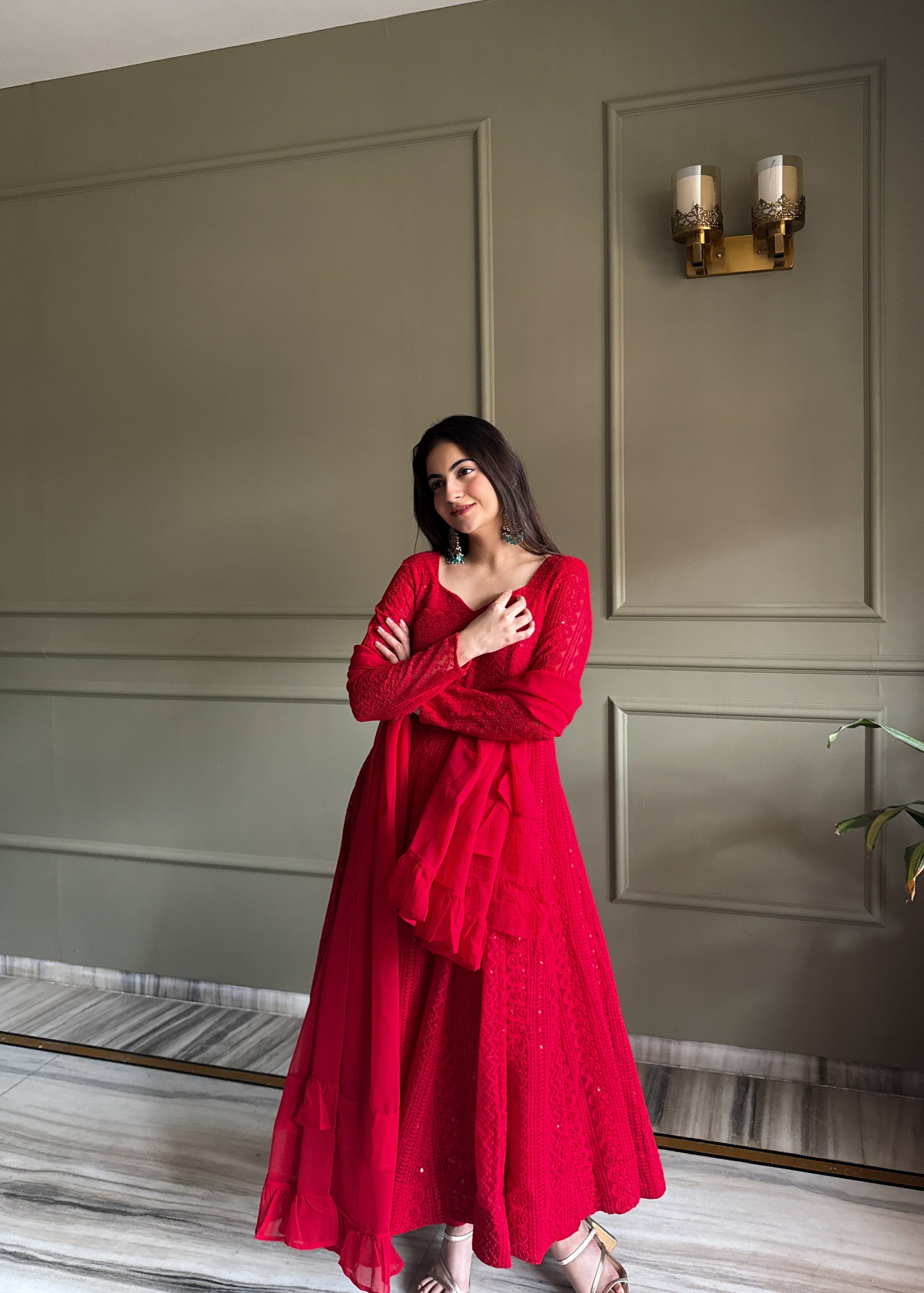 Lehenga Mart Designer Anarkali Suit With Kurta Pant Dupatta For Women-Red