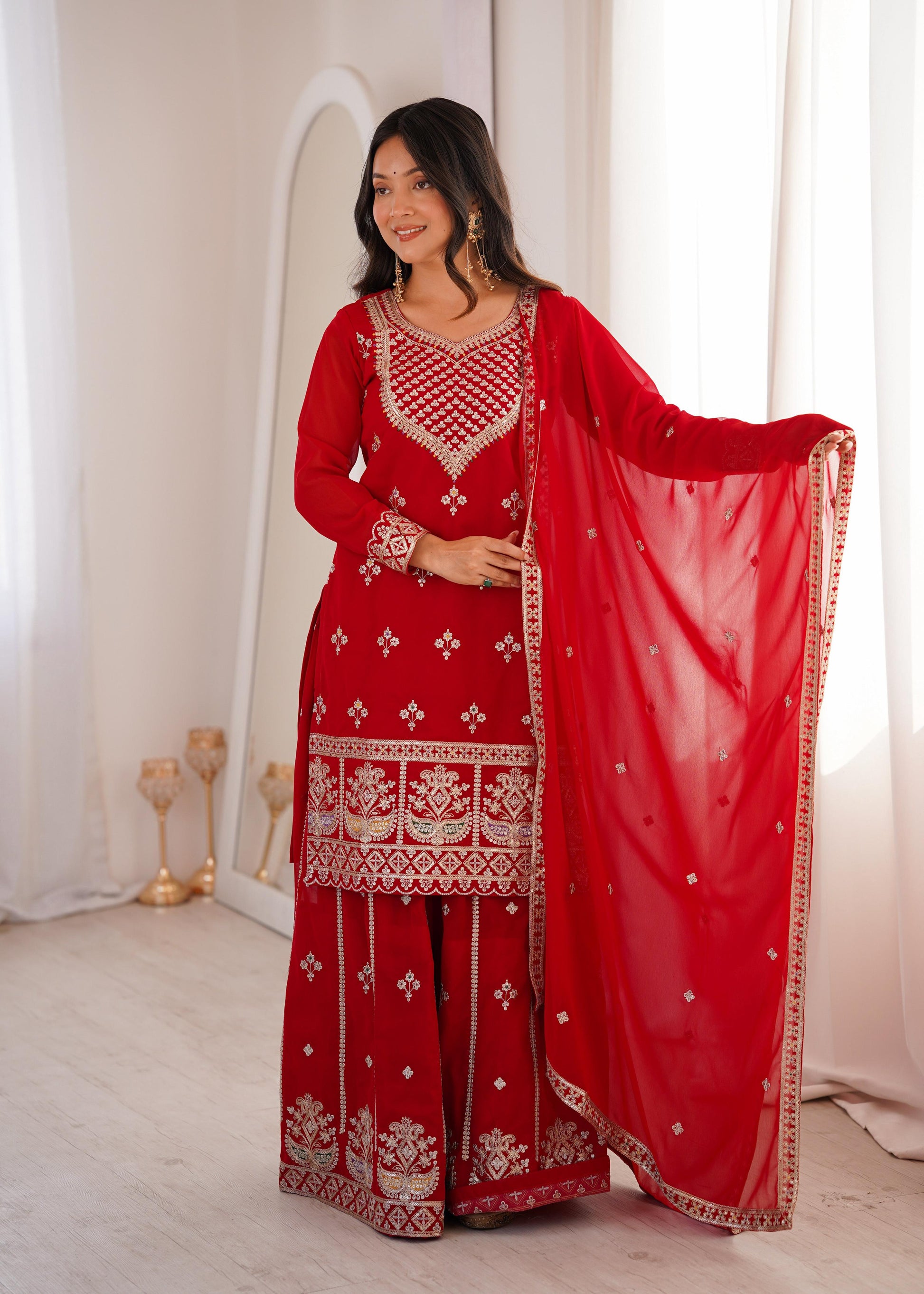 Lehenga Mart Designer Sharara Suit With Kurta Sharara Dupatta For Women-Red