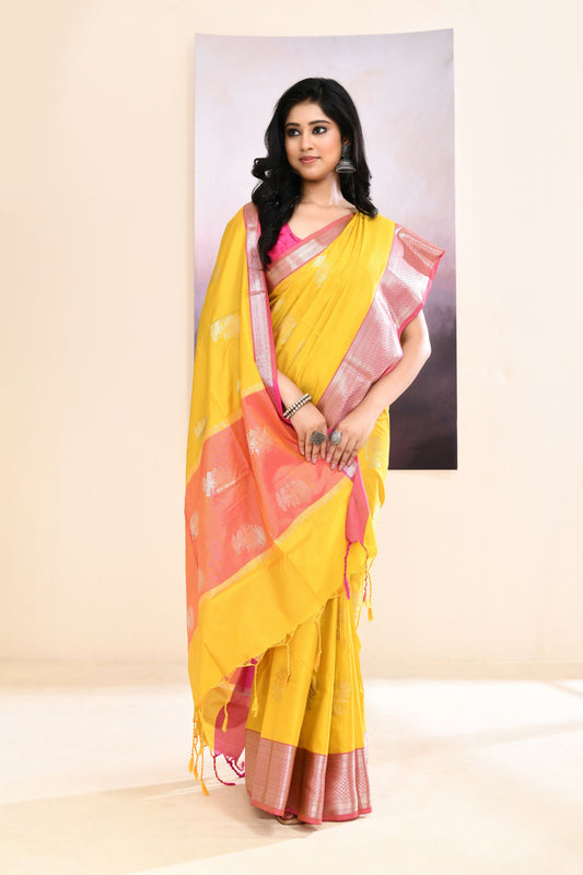 Piyari Fashion Women's Mustard Yellow Embellished Silk Saree
